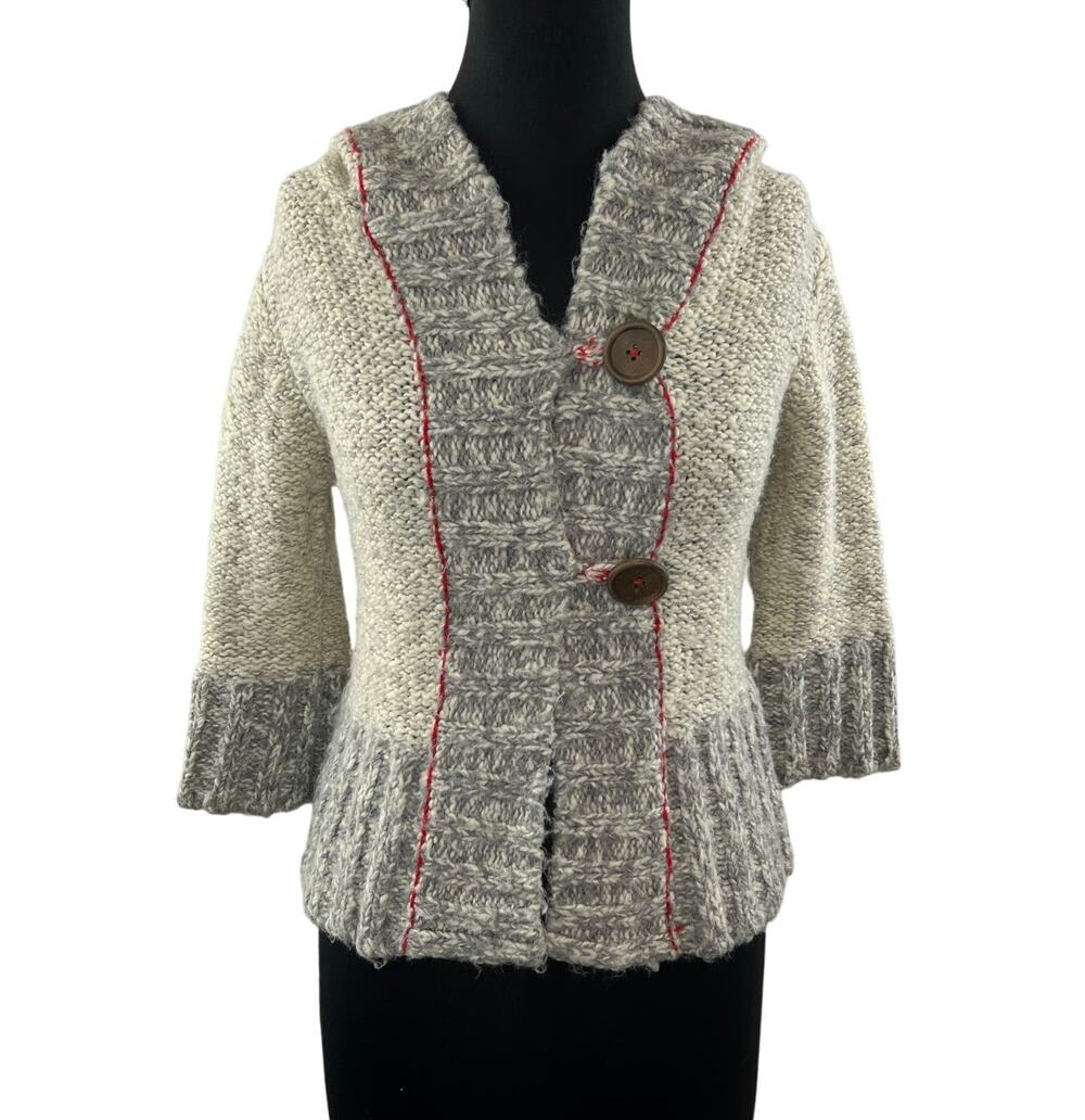 FREE PEOPLE Cream Gray Wool Blend 3/4 Sleeve Button Down Cardigan Sweater Size S